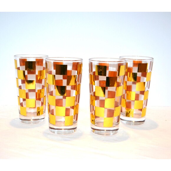 Vintage Tall Glasses 1950s Gold Checkerboard Set of Four Heavy - Picture 1 of 6